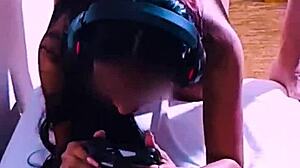 Latina brunette otaku female gamer influencer doing blowjob in hentai crossdressing live stream?