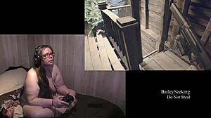 Brunette gamer plays naked Resident Evil 7 part 5, encountering monsters and fetishes in the game
