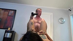 angie undergoes detailed casting interview, showcasing her tattoos in hardcore style