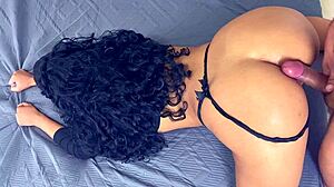 Cum on curly brunette's big ass and shaved pussy