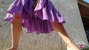 Nippleringlover kinky mother plays with pierced pussy and extreme pierced nipples outdoors in daring display