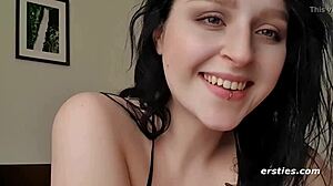 Quinn teases her body with a glass dildo