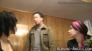 Emo whore with piercings and goth style sucks cock backstage in high definition