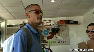 Brandi Belle receives a grade for her blowjob skills