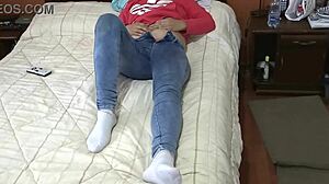 milf touches herself under jeans near stepson