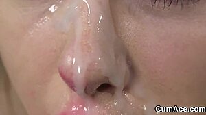 horny hottie swallows jizz load all over her face
