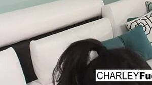 Young brunette babe charley prepares for a scene with justice