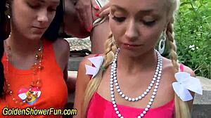 Curious about golden shower play with lesbian toys outdoors?