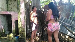 Shaved Lesbian Companions Experiment with Cunilingus and Deepthroat Outdoors in Forest