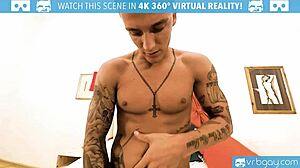 gay vr porn - tattooed muscley dom stroking big dick solo