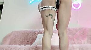 Cute Asian Muscle Girl Peachycatsnack Flexes and Flashes in Maid Outfit