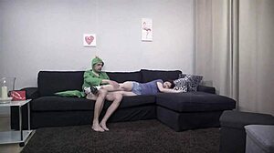 European brunette babe in costume gets nailed hard. She takes it deep with a wild handjob.