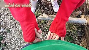 Petite Teen Delivers Massive Squirt with Close-Up Handjob Outdoors