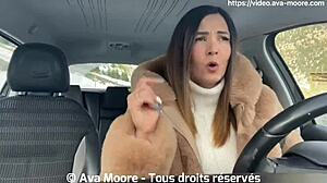 french babe orgasms hard with huge dildo in car by roadside