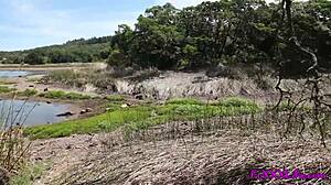 Flashing on hiking trail turns into Brooke swallowing cum outdoors  