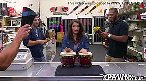 Pawnee babe Kitty Catherine sucks monster cock at work.