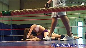 tattooed lesbo licks pussy in fierce wrestling match