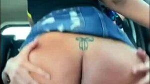 Slutty brunette rides my cock during car trip