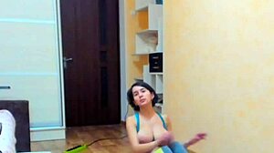 Voluptuous Myla Angel does gymnastics with boobs out in sportswear! 😲