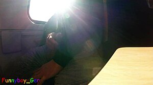 spontaneous quick jerk off with big cumshot on a driving train