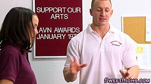 teen brunette bangs coach in wild uniform action.