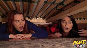 Stuck Under Bed! Redhead and Brunette Get Wet Pussies Pumped in Wild Halloween Threesome at Fake Hostel