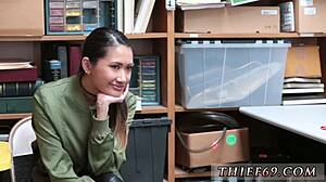 asian in police uniform gives interracial blowjob during theft.