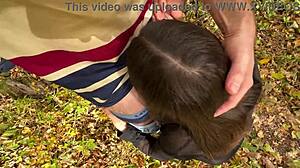 Outdoor blowjob in the forest leaves little sperm for my mouth with natural tits exposed