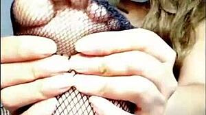 Kinky teen gives footjob massage with toys to young guy.