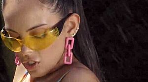 Curvy Katrina Moreno bends over in bikini for blowjob and doggystyle. She rides with deepthroat and sloppy big tits action, getting wet ass pounded.