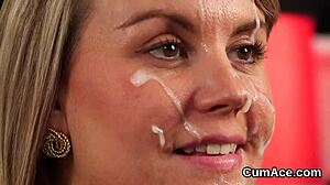 Peculiar Bombshell Swallows Every Drop of Face Cumshot