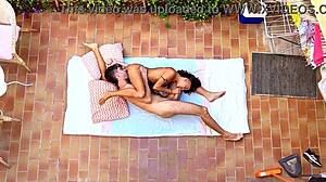 birdview of amateurs couple exposed on the balcony