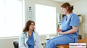 Lesbian doctor licks big tits brunette assistant to orgasm.