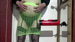 A shy crossdresser rubs one out with following instructions: a masturbation machine