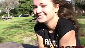 Park girl handles two huge black cocks