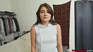 hot brunette stepsister aspen reign takes huge dick in her little 18+ juicy pussy from behind.