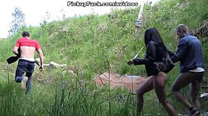 sexy outdoor banging with busty hottie in heels