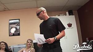 Blonde and Brunette in Threesome Swallowing Cock