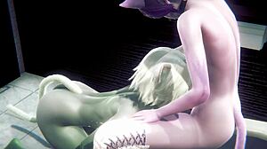 grey cat boy and pink cat boy have sex in public toilet