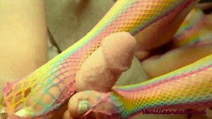 sexy blonde babe gives footjob while masturbating in fishnets 😘