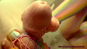 sexy blonde babe gives footjob while masturbating in fishnets 😘