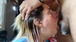 Blonde slut deepthroats friend's cock and swallows cumshot