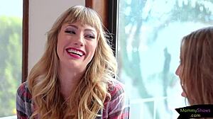 Hey, blindfolded stepmom dives into tight pussy with us watching!