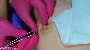 Conversational-Emoji man beautician plucks nipple hair and massages tits in red latex gloves 😍