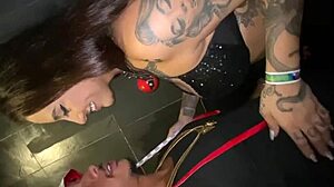 Tattooed Wife Blows Cock In Club Bathroom