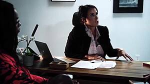 Ebony Teens and Mature Woman in Hot Lesbian Office Threesome