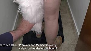 Submissive milf sucks master's cock with buttplug in ass