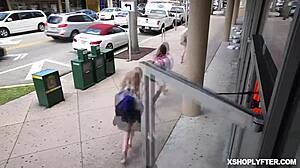 shoplyfter redhead bent over, taking lp officer’s cock in her mouth at the office.