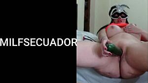 Latina milf uses cucumber for solo fun while waiting for men