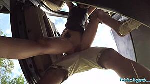 Hitchhiking student bangs fat cock in public car encounter.